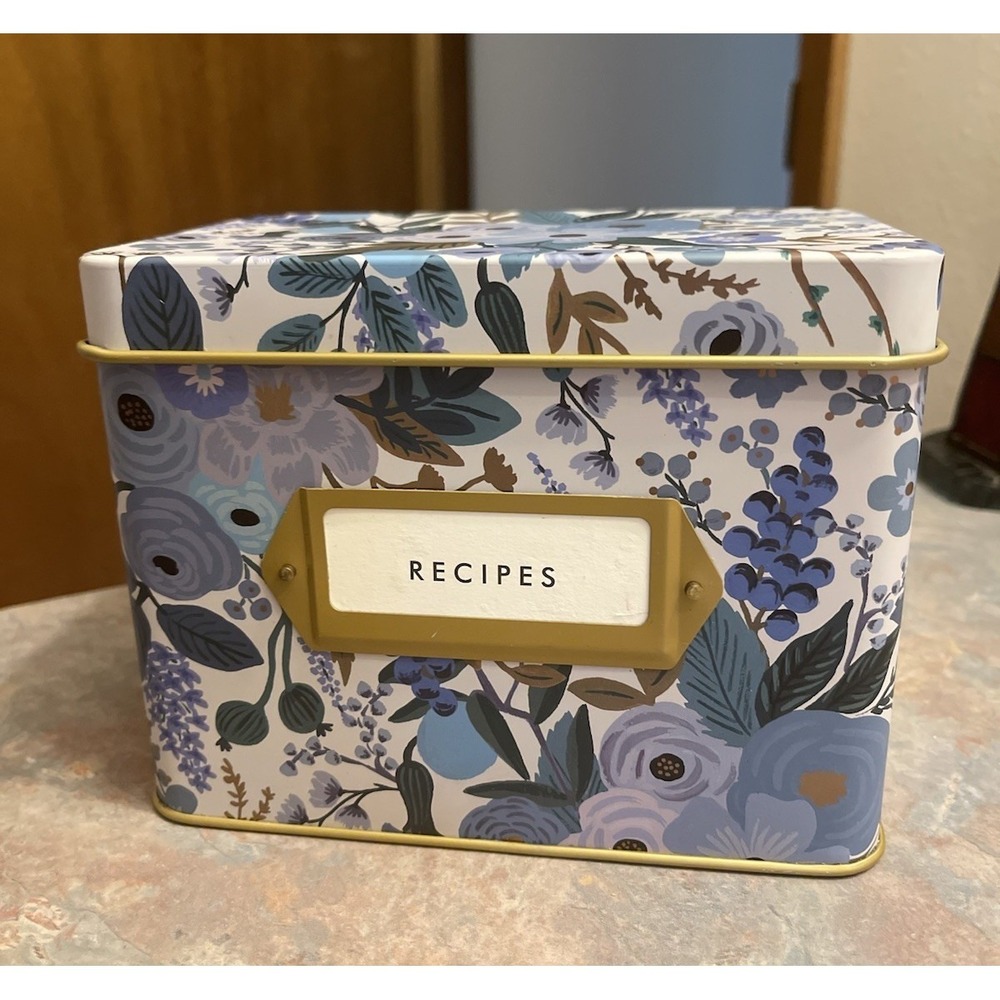 Rifle Paper Co Capri Blue Floral Tin Recipe Box Set w Cards & Tabbed Dividers